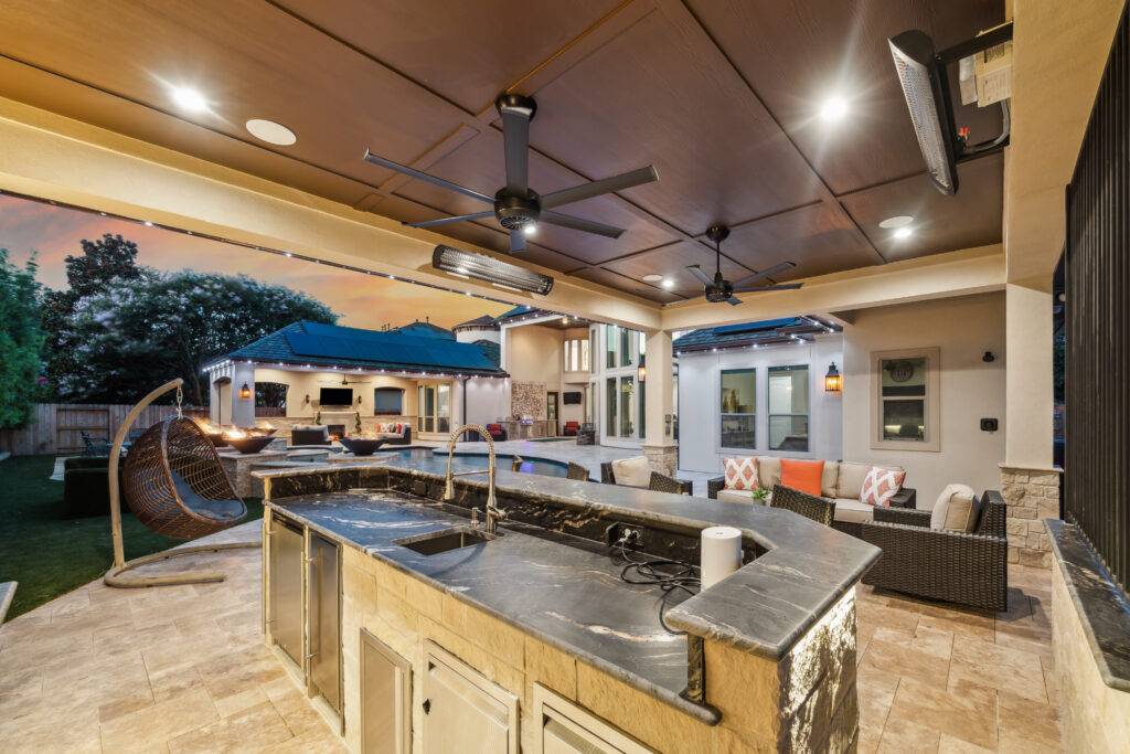 The outdoor bar area in a patio cover