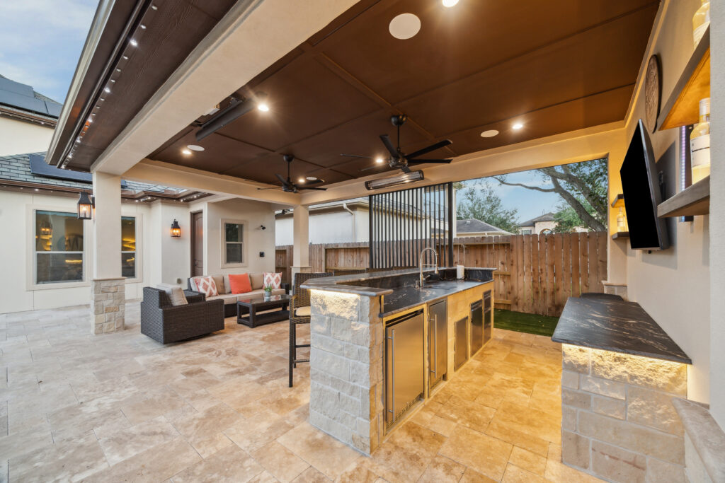 Outdoor bar area in a covered patio.
